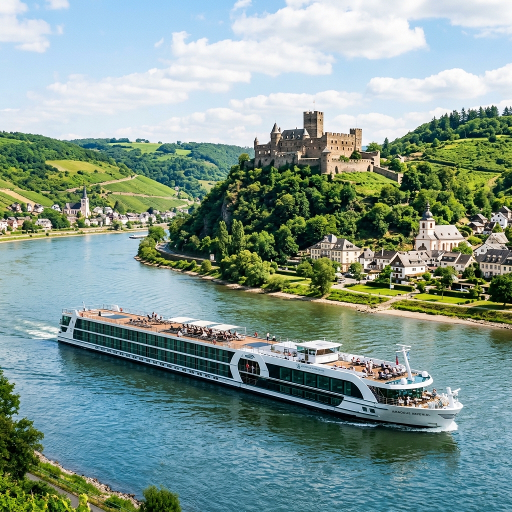 Emerald Cruises luxury river Star-Ship sailing through a historic European valley on the Rhine River