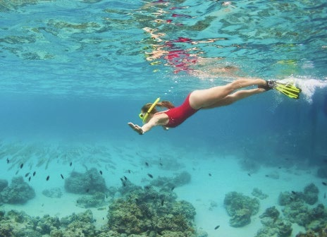 Snorkeler in crystal clear water above a coral reef