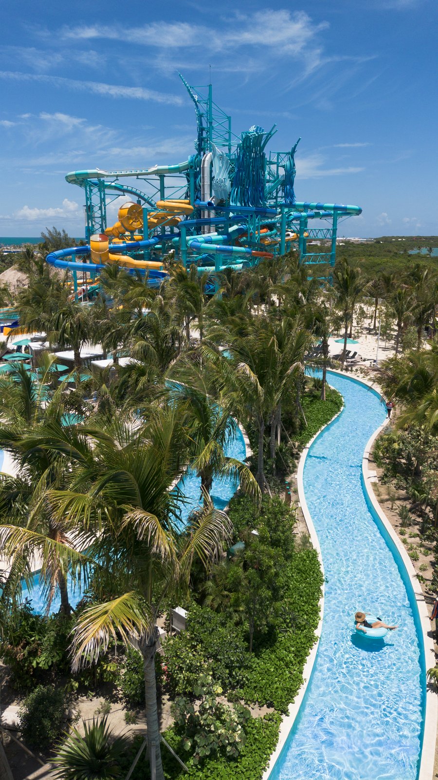 Breakwater Blaster waterslide tower stairs and ocean views at Great Stirrup Cay