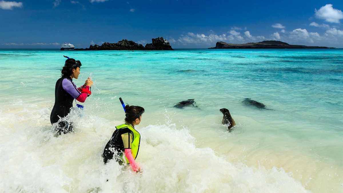 A group of children and adults, including a National Geographic certified field educator, observing a blue-footed booby up close on a rocky Galapagos island.