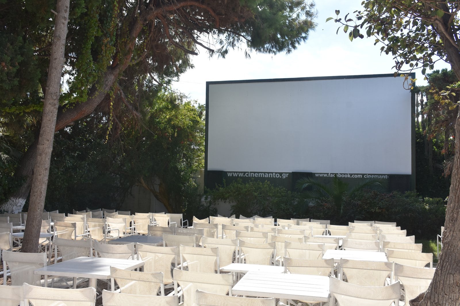 Lush botanical garden setting of Cine Manto open-air cinema in Mykonos town