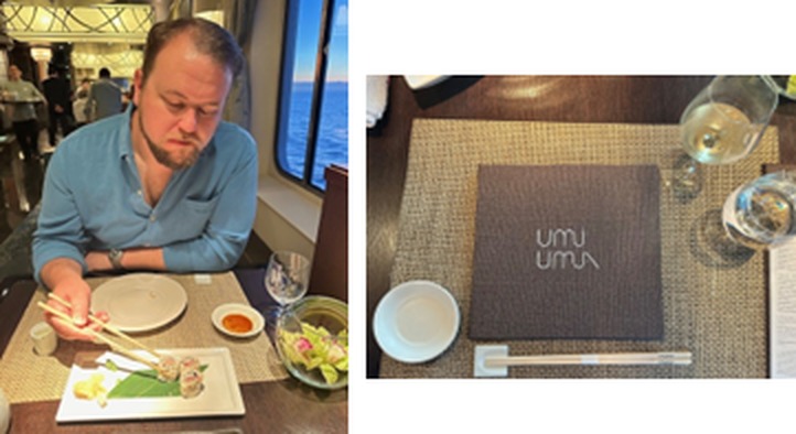 Dining at Umi Uma by Nobu Matsuhisa aboard Crystal Symphony with fresh sushi rolls, sommelier wine pairing, and elegant table setting