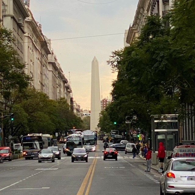 The iconic Obelisk standing in the center of the massive Avenida 9 de Julio