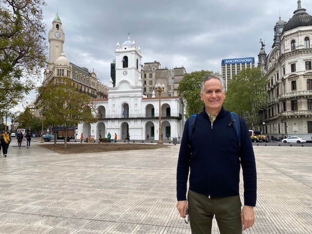 White colonial arches and clock tower of the historic Cabildo in Buenos Aires