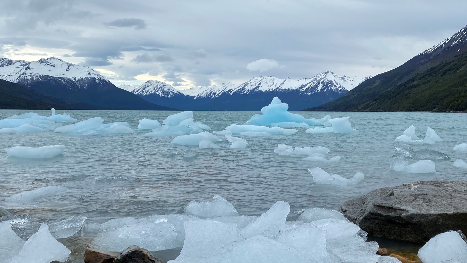 Panoramic view across Lake Argentino towards the towering Perito Moreno Glacier in Argentine Patagonia