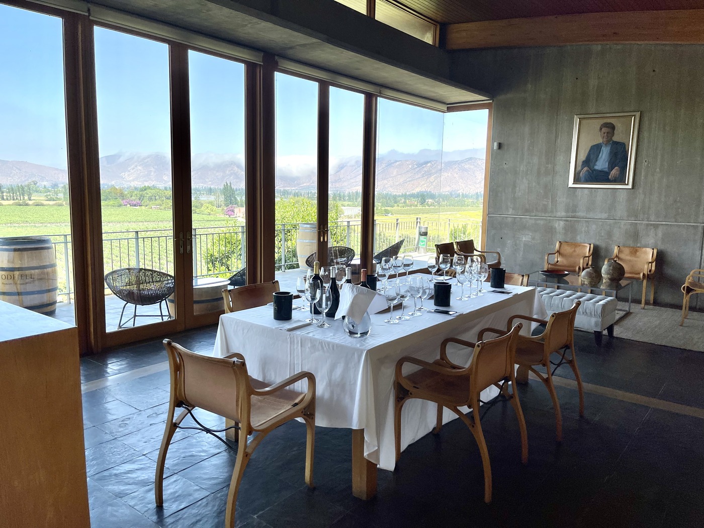 Odfjell Vineyards tasting room with floor to ceiling windows overlooking the Andes mountains