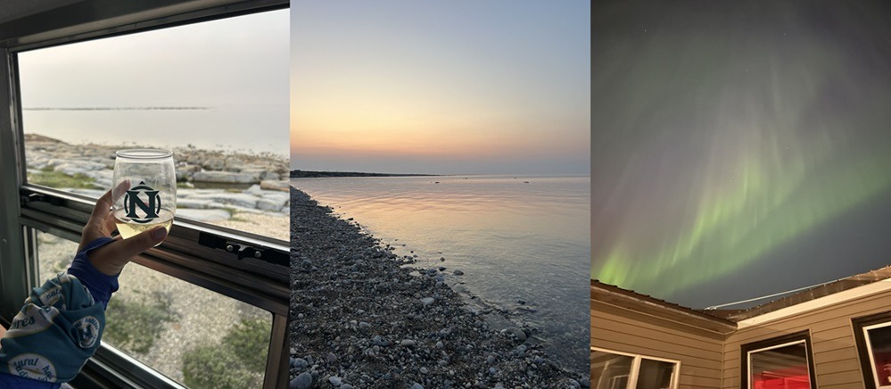 Evening in Churchill: toasting with Nat Hab wine glass, golden hour over Hudson Bay shore, and brilliant green northern lights over lodge