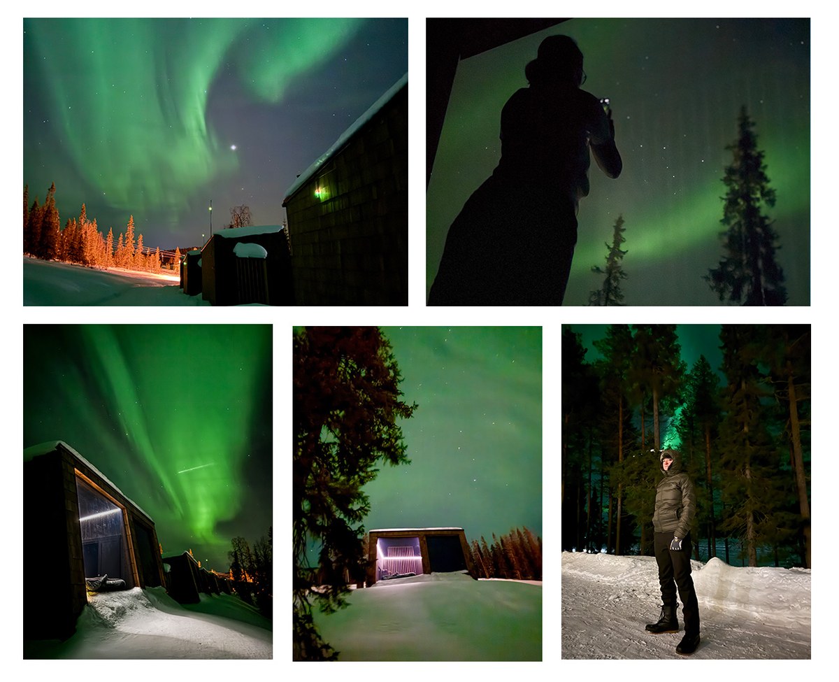 Northern lights viewed directly from bed through the glass wall of the Arctic cabin