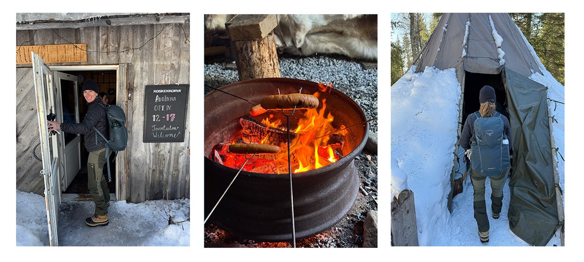 Roasting Finnish makkara sausages over an open campfire in a wilderness hut