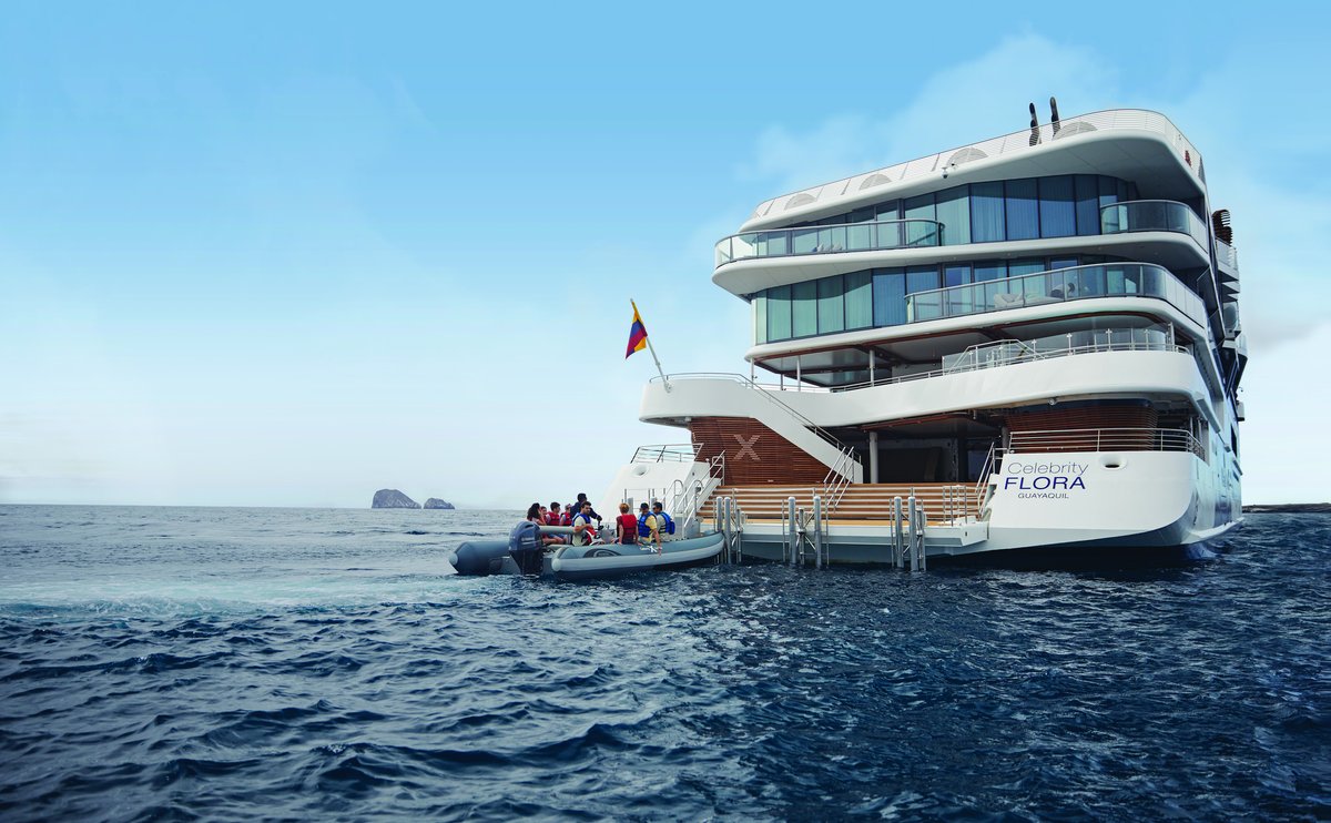 Custom Novurania tenders boarding at Celebrity Flora marina platform