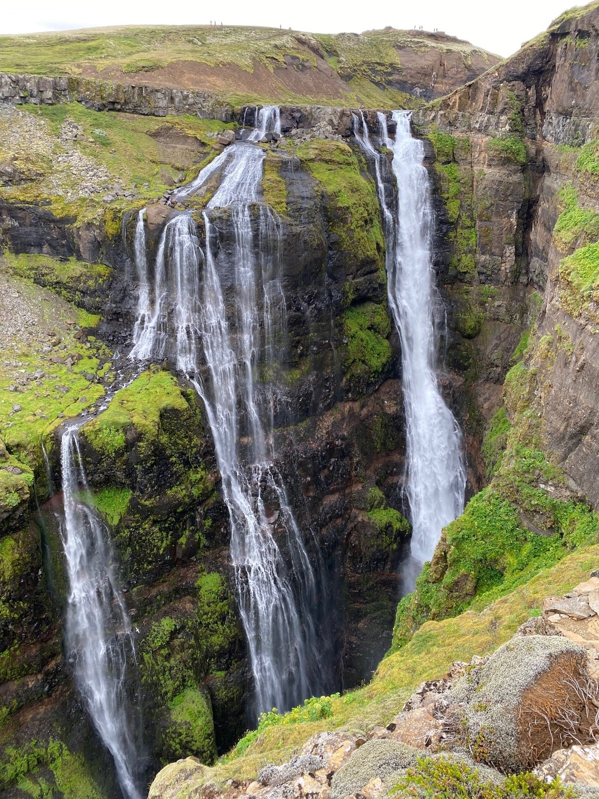 Steep canyon trail and assisted rope climbs leading up to Glymur Waterfall in Iceland