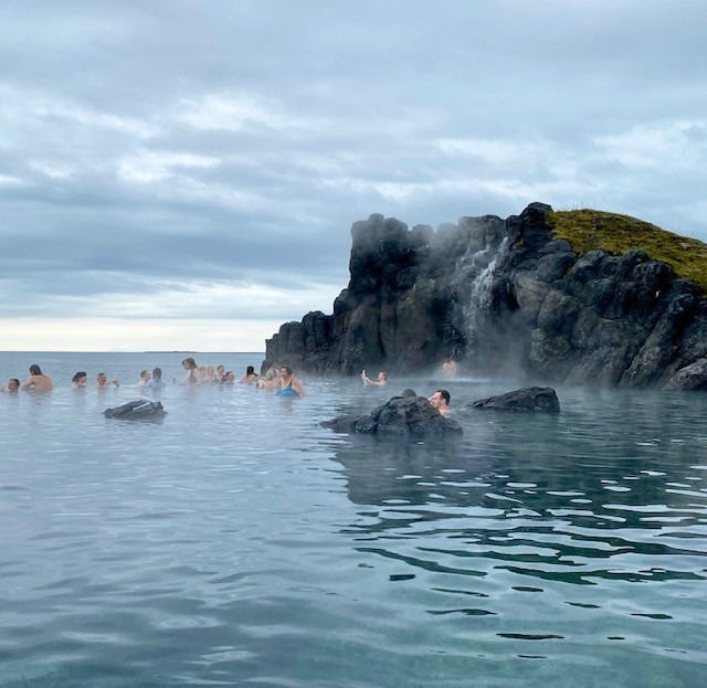 Sky Lagoon geothermal infinity edge overlooking the stormy North Atlantic Ocean near Reykjavik