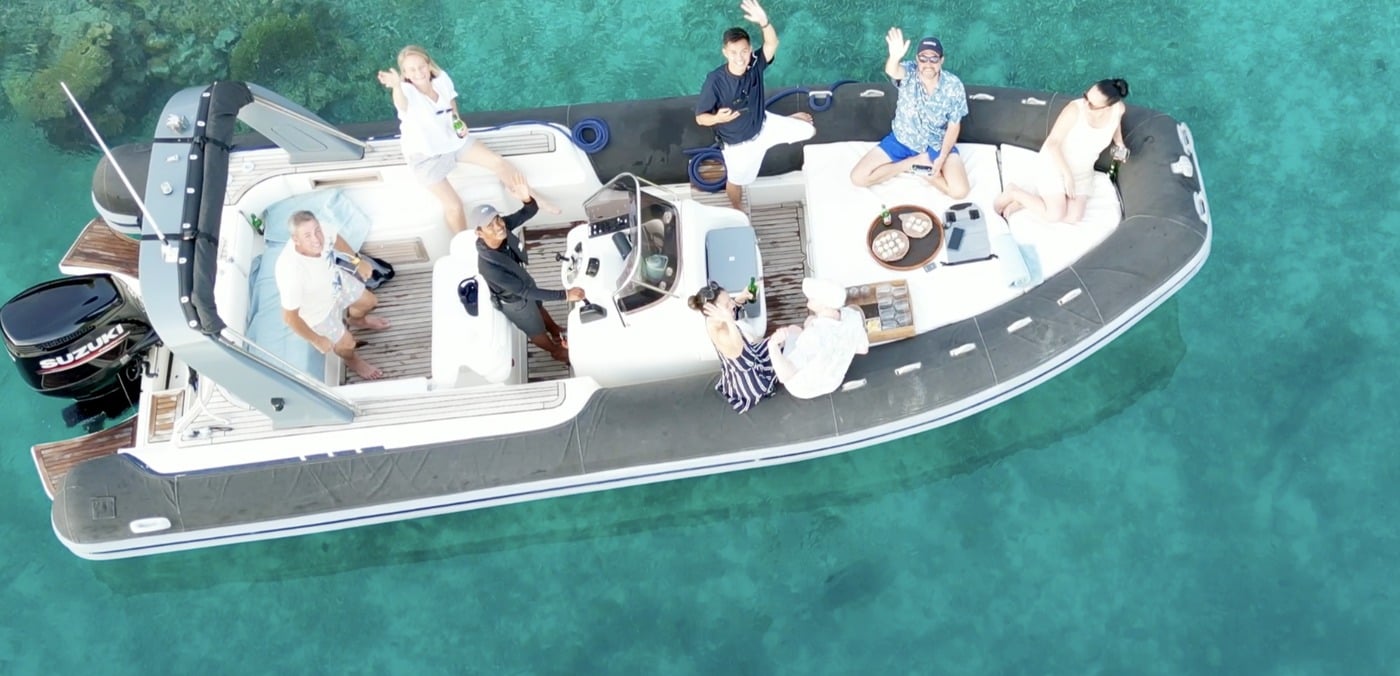 Expedition guests aboard Aqua Blu tender boat in Raja Ampat