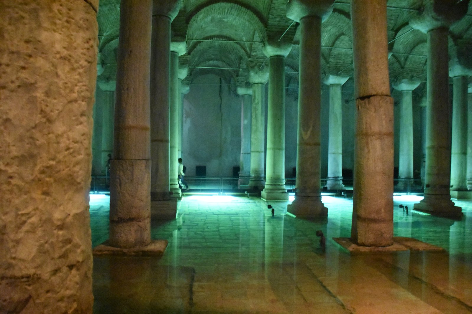 Dramatic lighting illuminating the 336 marble columns of the 6th-century subterranean Basilica Cistern