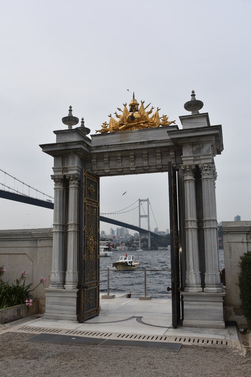 Ornate white stone imperial waterside gate of Beylerbeyi Palace on the Asian shore of the Bosphorus