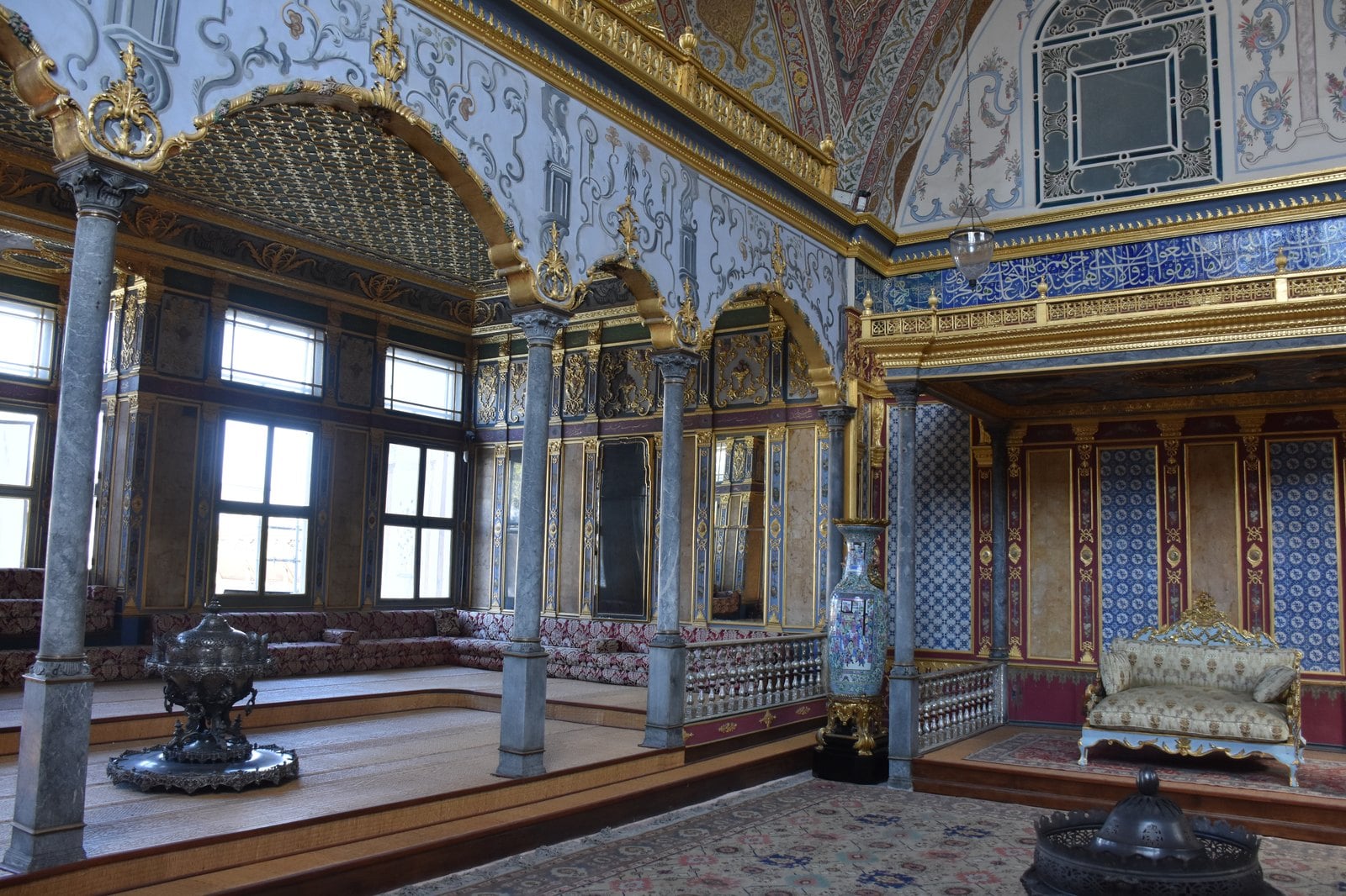 Ornate tilework and classical Ottoman arcades inside the Imperial Harem at Topkapi Palace