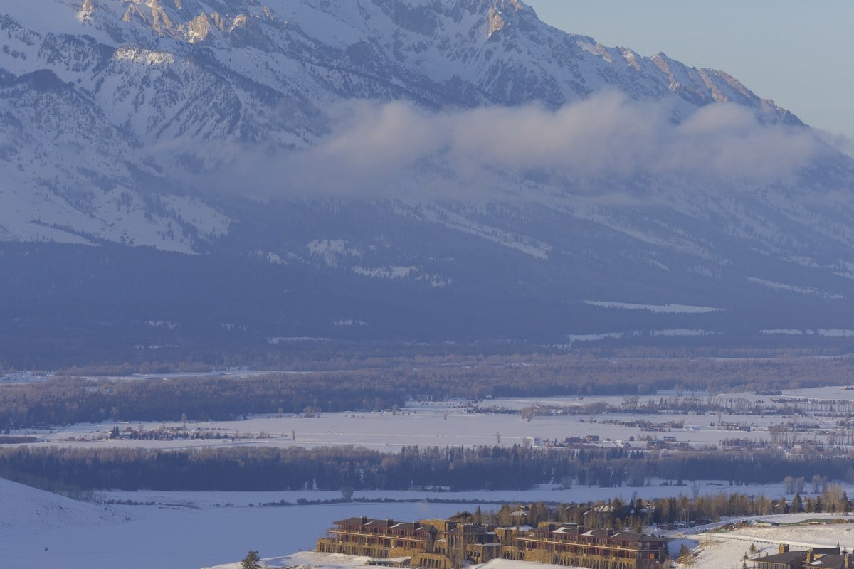 Amangani winter snow exterior architecture on East Gros Ventre Butte