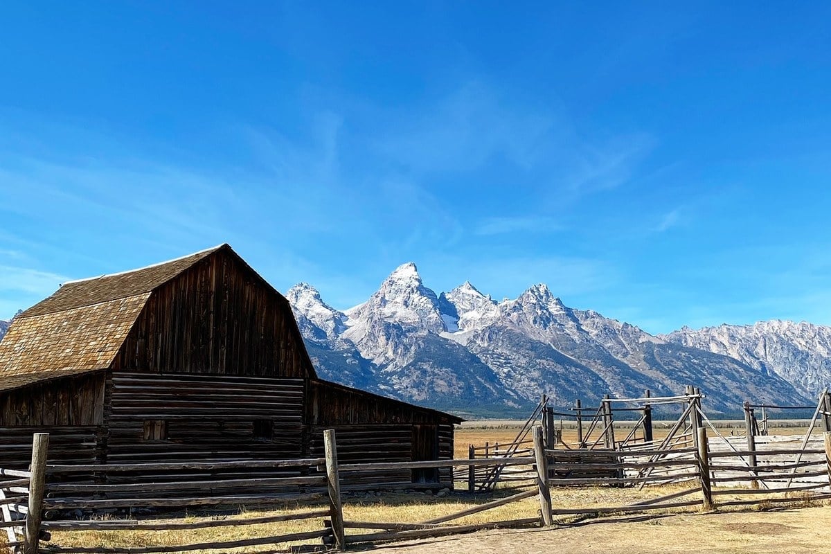 Mormon Row historic barn with Teton mountain backdrop