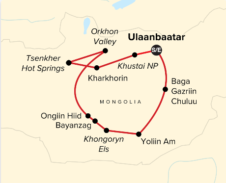 G Adventures National Geographic Journeys Discover Mongolia Itinerary Map showing the 14-day overland route from Ulaanbaatar through Hustai, Karakorum, Orkhon Valley, and the Gobi Desert