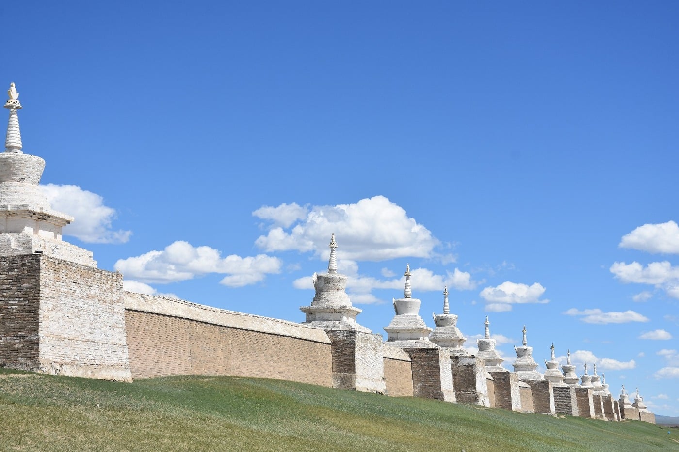 White perimeter wall with 108 stupas at Erdene Zuu Monastery in Karakorum