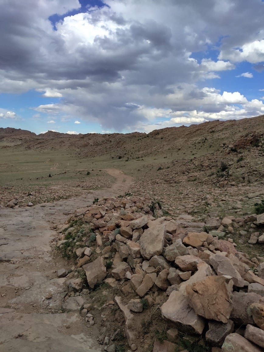Unpaved dirt and gravel tracks branching across the Gobi Desert