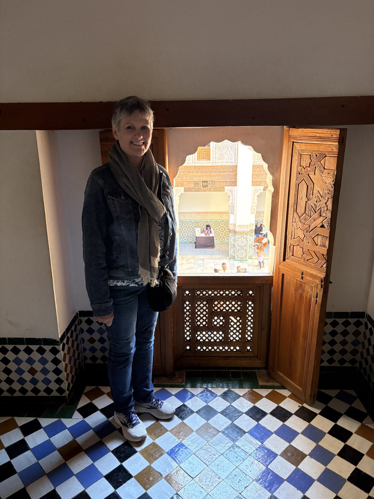 Intricately carved Islamic plaster and marble courtyard in Morocco