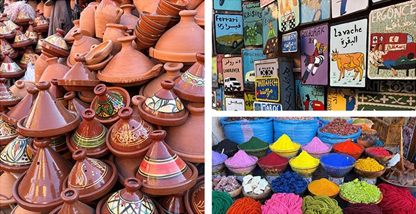Vibrant spice market and handcrafted tagines in the Marrakech Medina