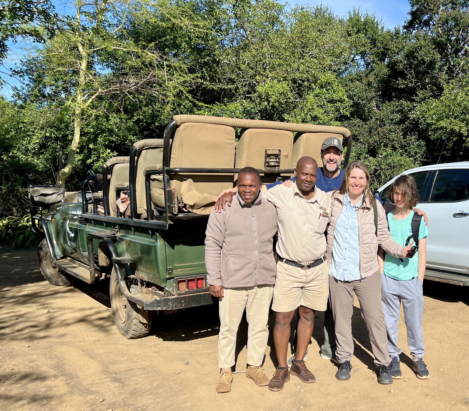 Karl Kannstadter and family on safari game drive with guides Sibu and Bongo at andBeyond Phinda