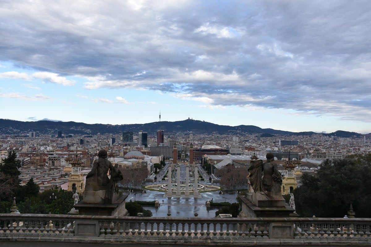 Panoramic view over Barcelona from Montjuic hill towards Placa d'Espanya