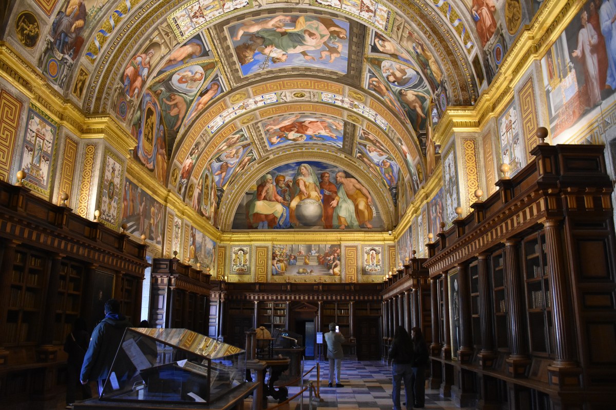 Vaulted fresco ceiling and Renaissance bookcases in the Royal Library of El Escorial
