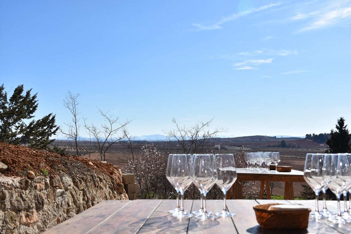 Wine tasting glasses set up overlooking vineyards at Vera de Estenas in Requena Valencia