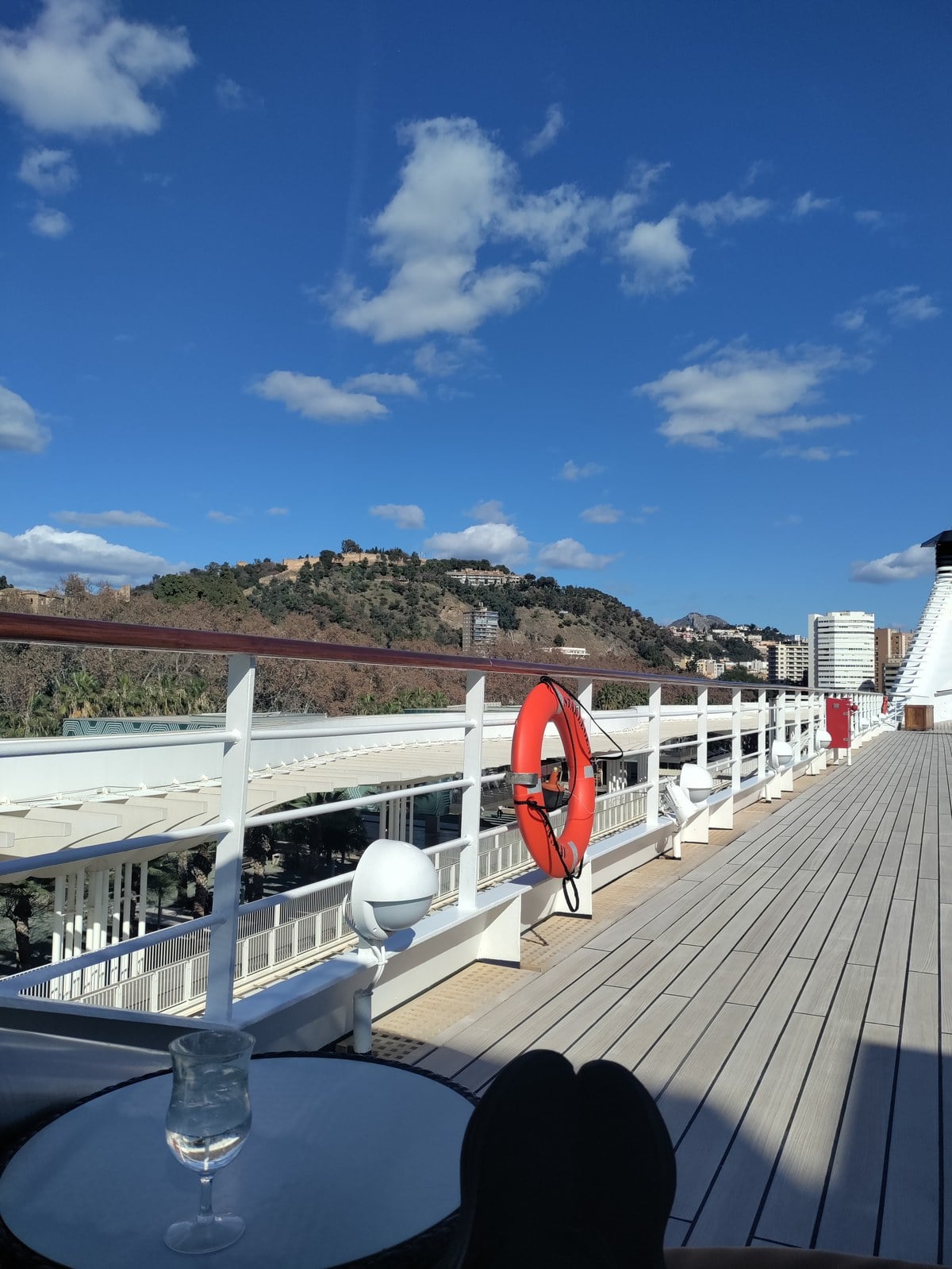 Relaxing at the Sky Bar on the open teak deck of Windstar Star Legend in Palma de Mallorca