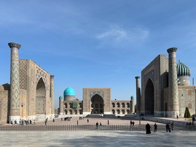 Panoramic view of the three madrasas forming Registan Square in Samarkand