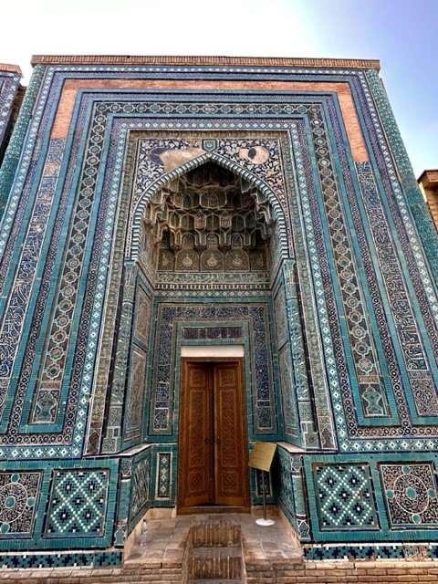 Intricate lapis lazuli and cobalt glazed tile carvings at Shah-i Zinda