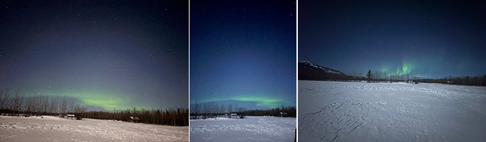 Three-panel progression of green Northern Lights dancing over Yukon boreal forest