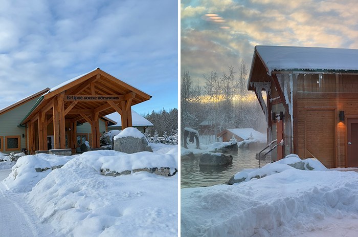 Eclipse Nordic Hot Springs entrance and outdoor steaming geothermal pool in winter snow
