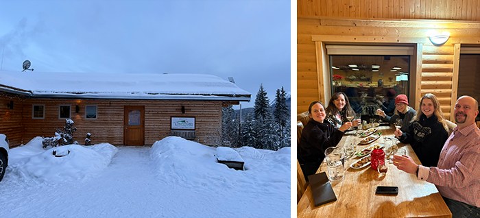 Southern Lakes Resort exterior under snow and advisors dining in cozy timber lodge