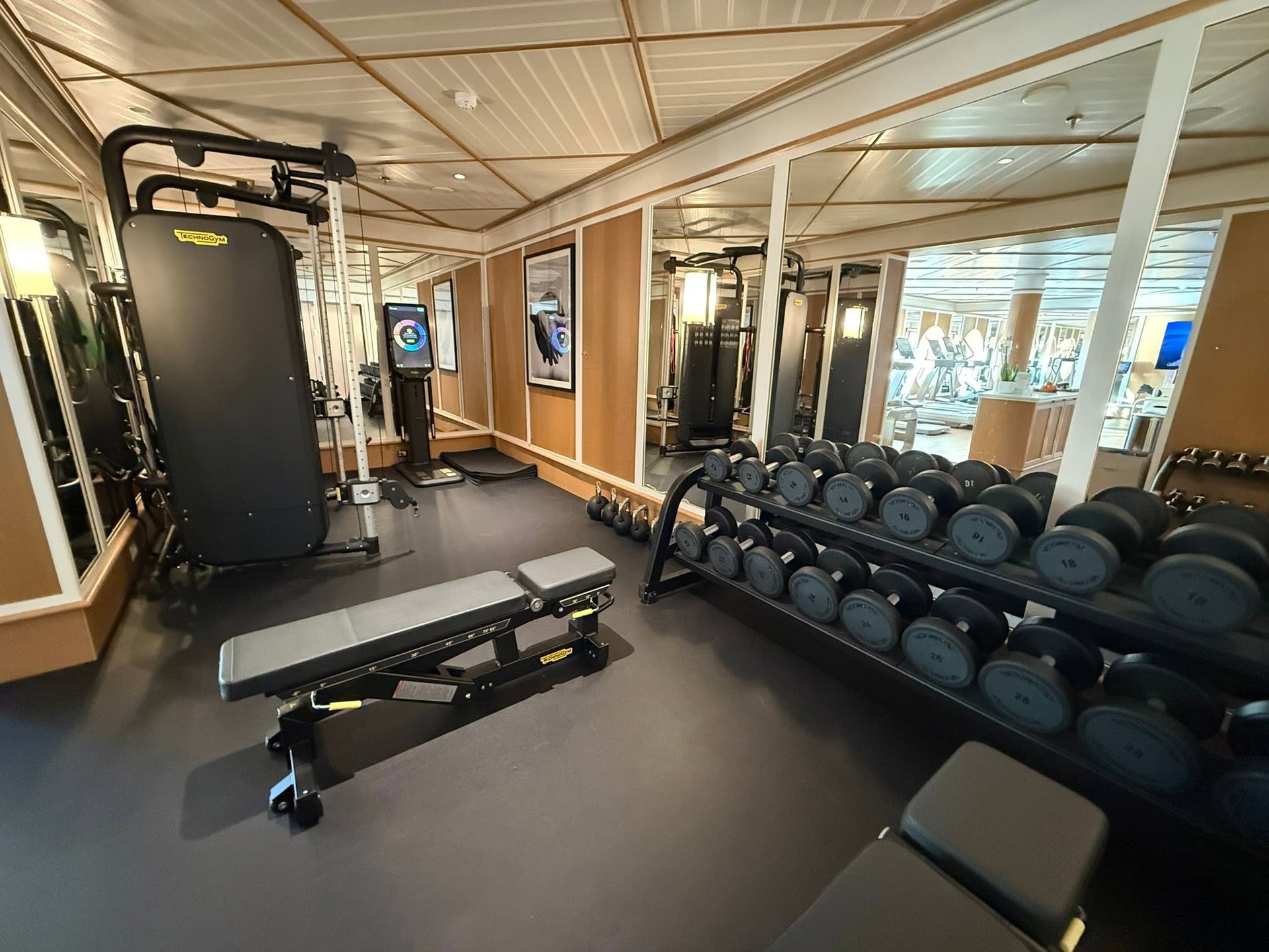 Dedicated free weight area and strength equipment in Four Seasons Yachts fitness studio