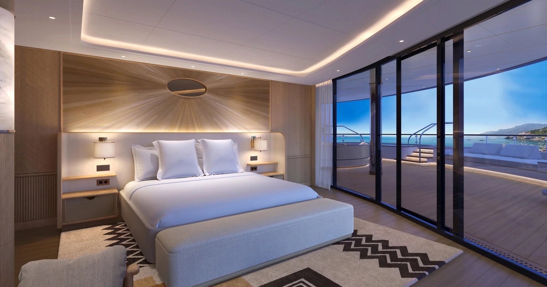 Bespoke contemporary luxury bedroom design on Four Seasons Yachts
