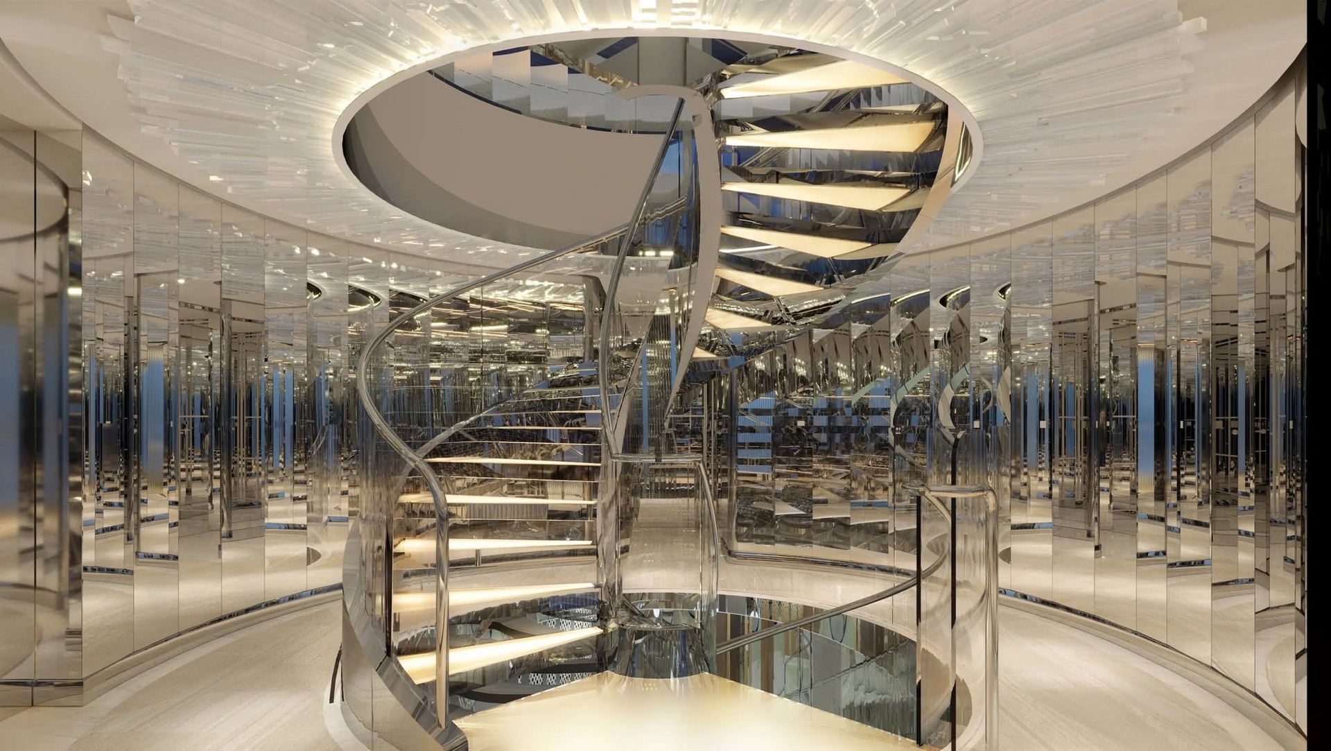 Multi-story glass and steel spiral atrium staircase on Four Seasons Yachts