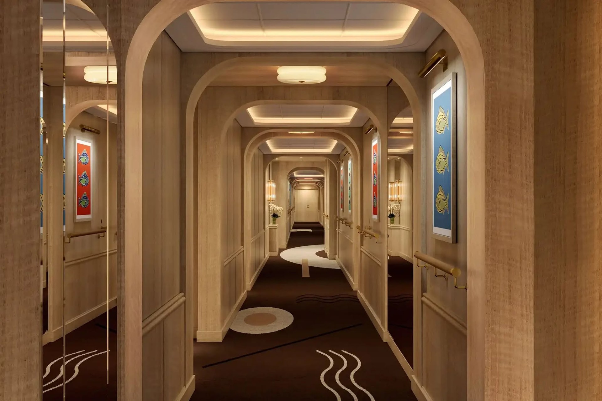 Residential corridor with arched portals and ambient sconce lighting on Four Seasons Yachts