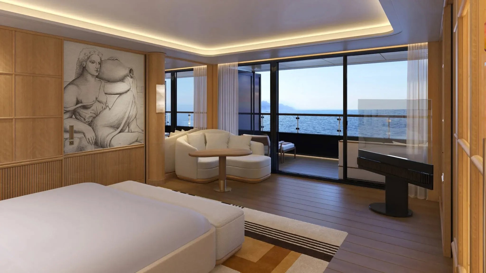 Master bedroom in the Saint Tropez Suite aboard Four Seasons Yachts with panoramic ocean views