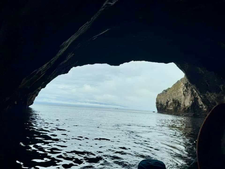Looking out from inside the massive volcanic sea cave during our panga ride at Punta Vicente Roca