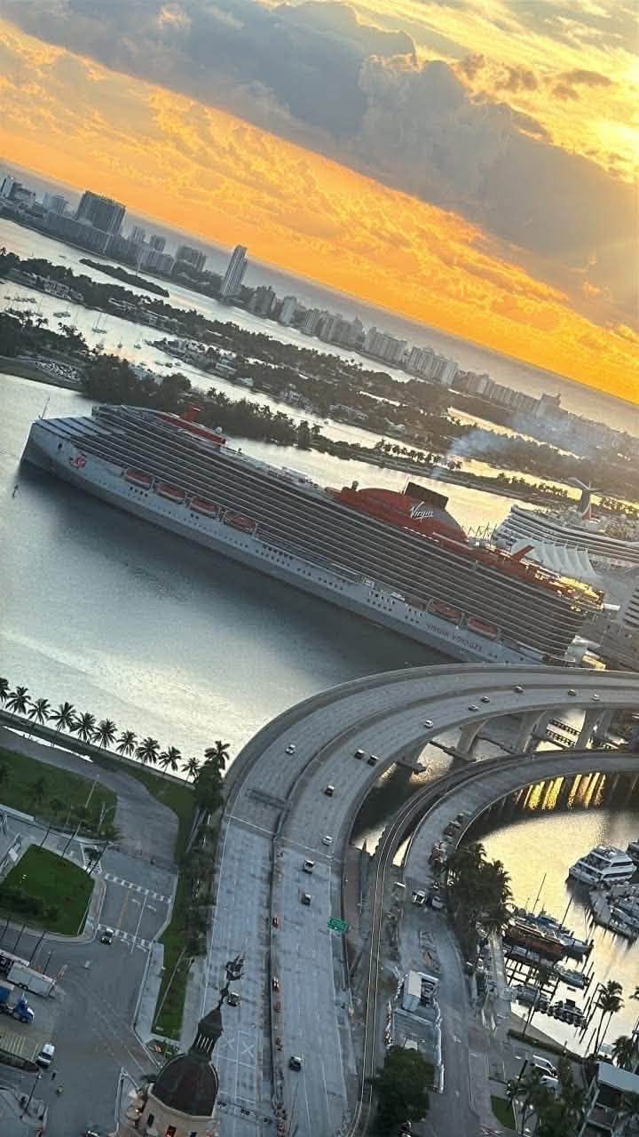 Golden hour aerial view over Miami and the cruise port