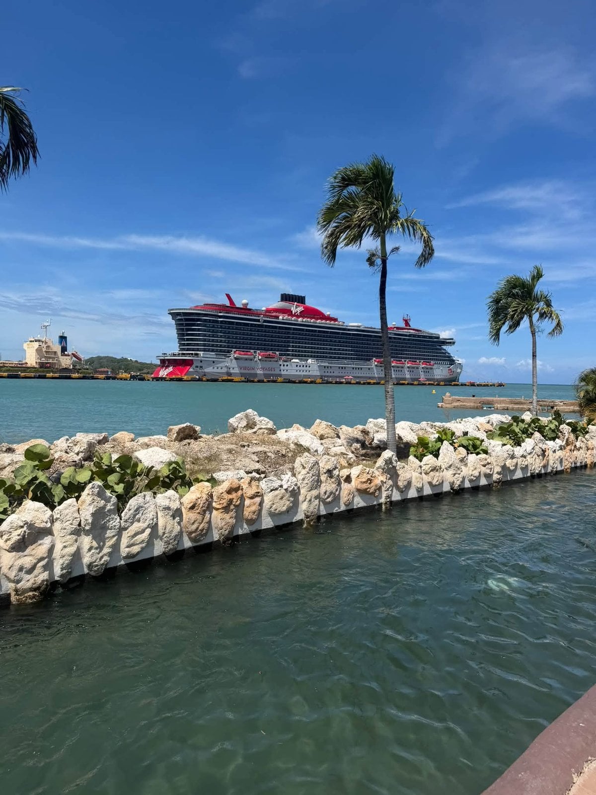 The sleek Virgin Voyages ship framed by tropical palm trees and turquoise water