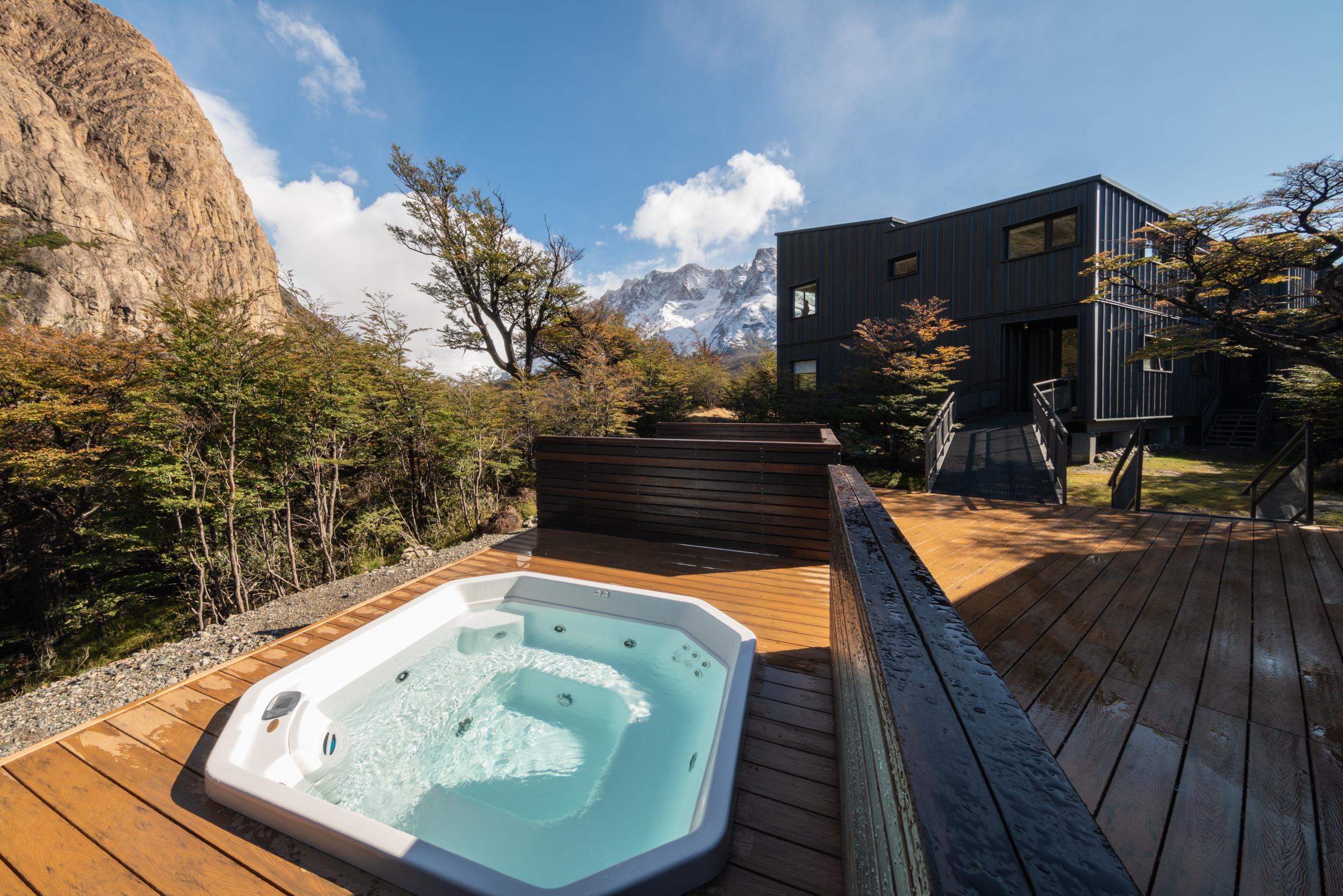 Open-air spa outdoor hot tubs amidst Patagonian forest