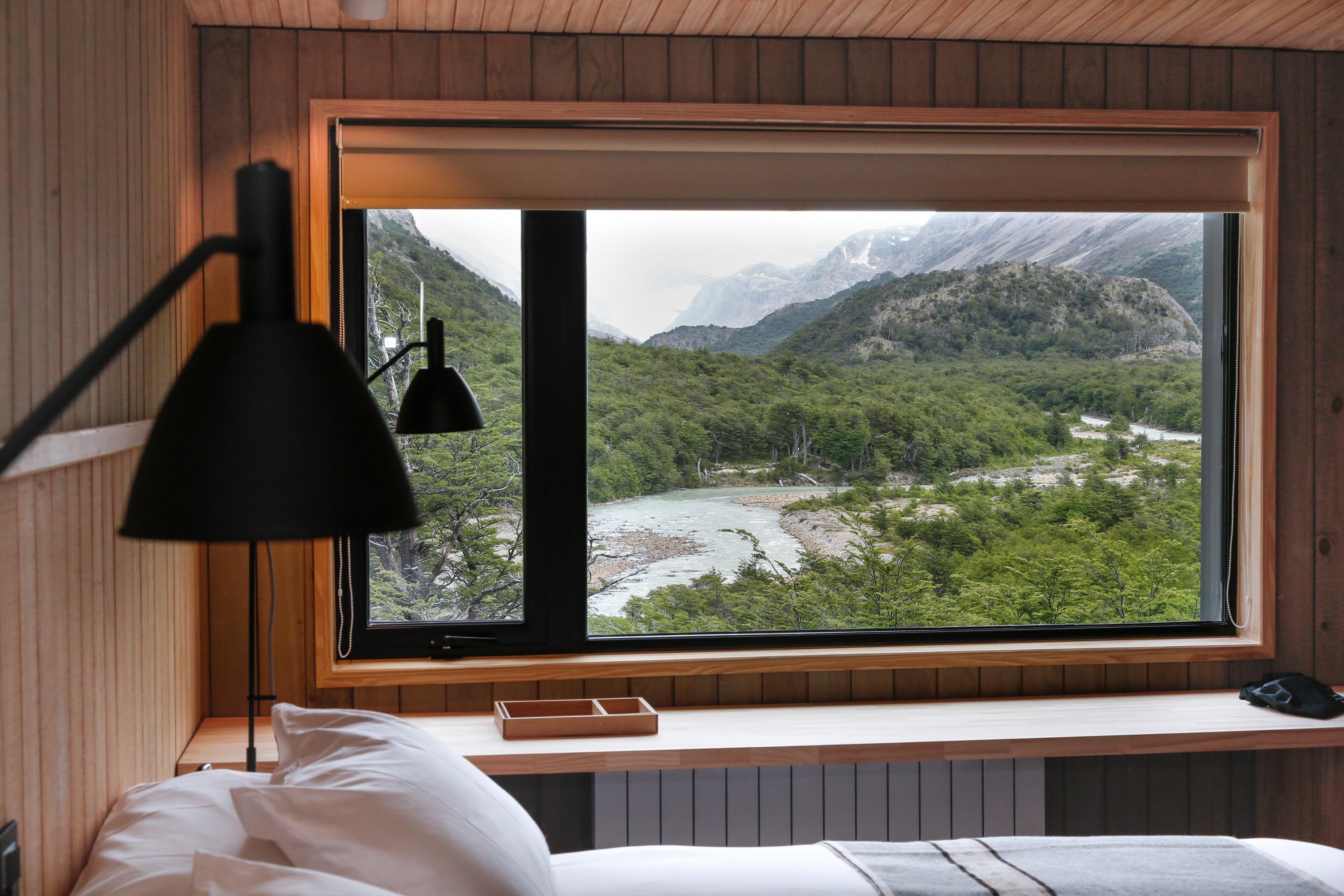 Standard Room with panoramic window framing Marconi Glacier