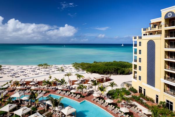 The Ritz-Carlton, Aruba oceanfront resort and golden Palm Beach shoreline