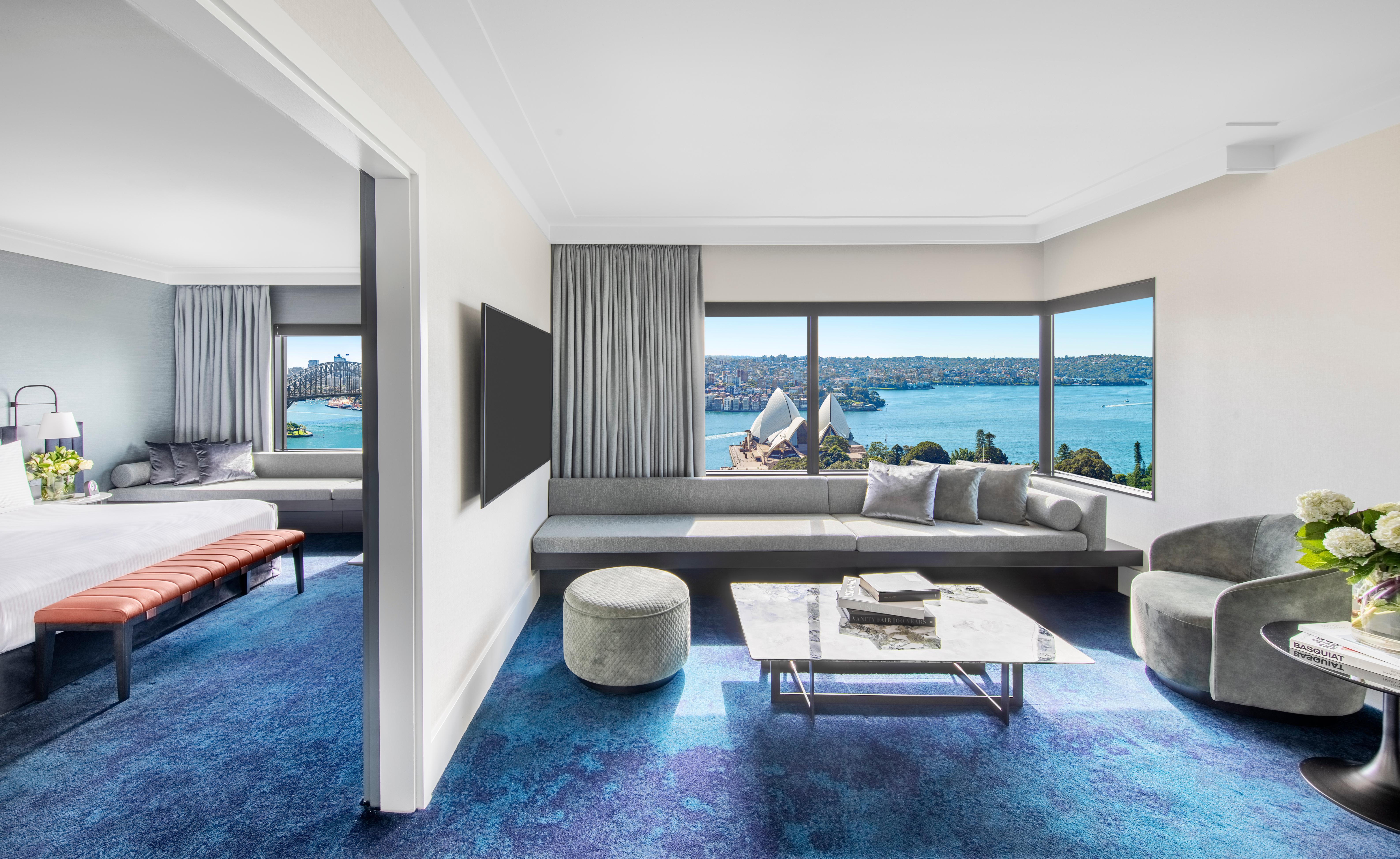 Opera House View Suite featuring panoramic harbor vistas and bespoke furnishings