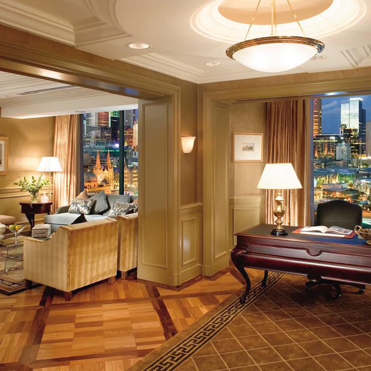Chairman's Suite living salon with Melbourne skyline views